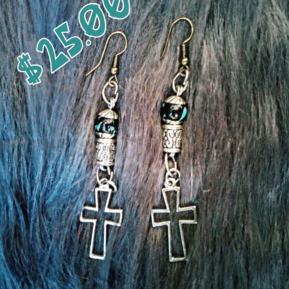 Silver and Black Cross Dangle Earrings